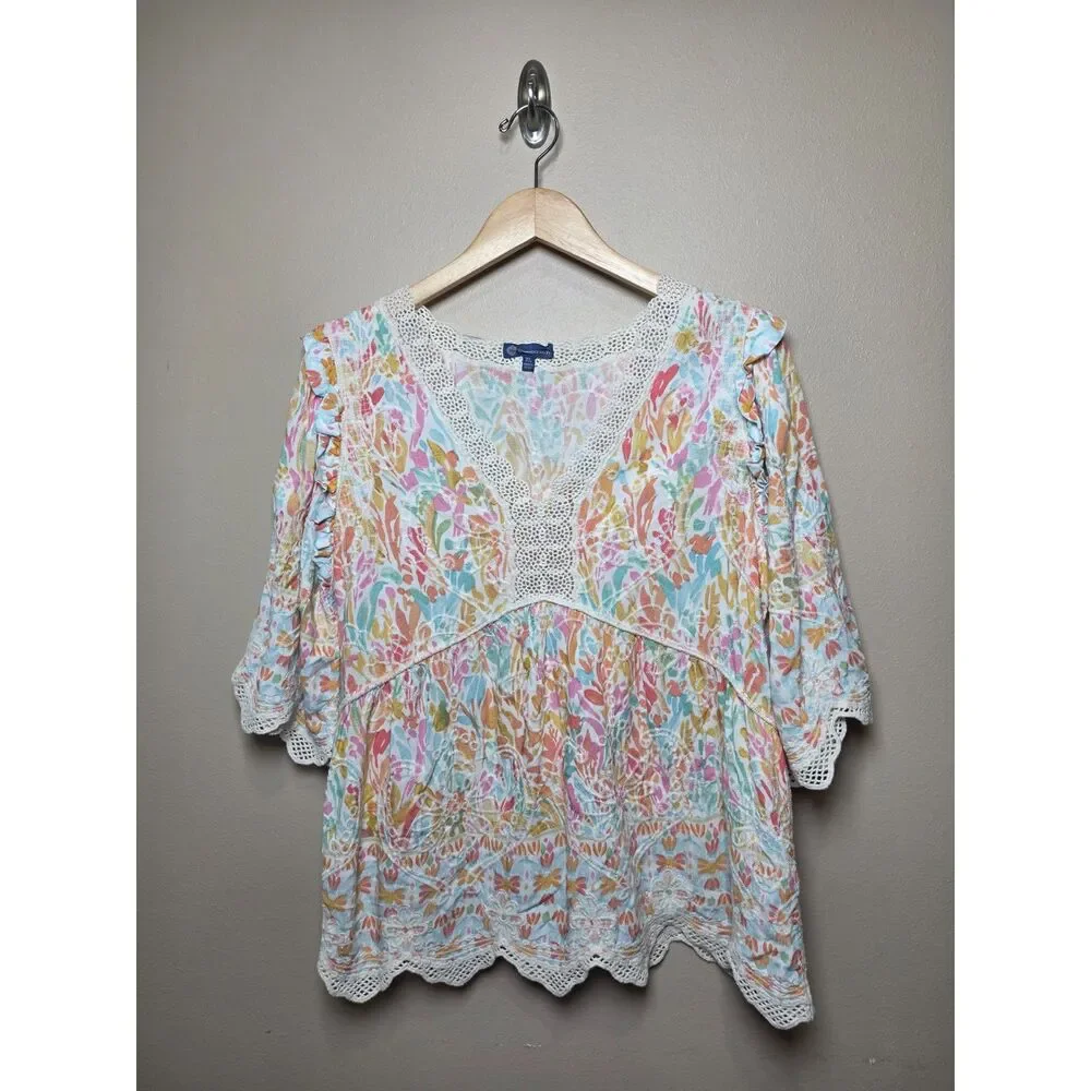 Democracy XL Boho Floral Embroidered Crochet Lace Peasant Blouse Cottagecore - Picture 2 of 8